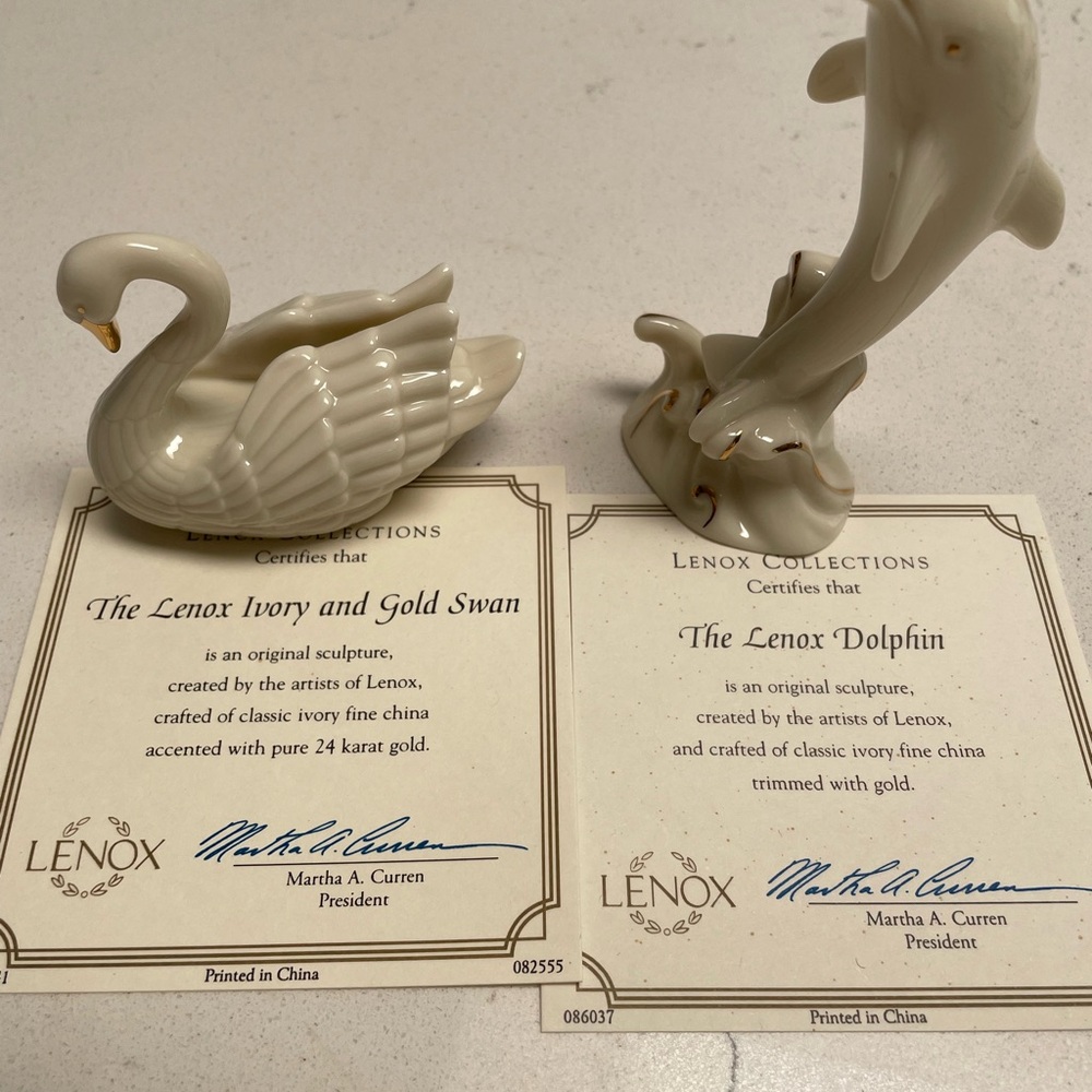 Lenox Ivory and Gold Swan and Dolphin Figurines